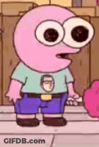 A Cartoon Character With Big Eyes And Glasses Is Wearing A Blue Shirt And Blue Shorts . GIF