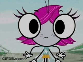 A Cartoon Character With Big Eyes And Pink Hair Has A Sad Look On Her Face GIF