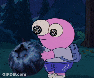 A Cartoon Character With Big Eyes Is Holding A Blueberry In His Hands GIF