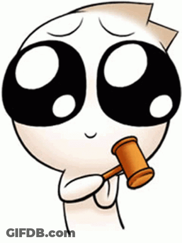 A Cartoon Character With Big Eyes Is Holding A Gavel In His Mouth . GIF