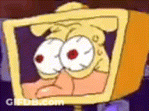 A Cartoon Character With Big Eyes Is Looking At Something GIF