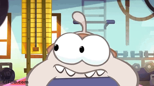 A Cartoon Character With Big Eyes Is Sitting On A Chair In A Gym GIF
