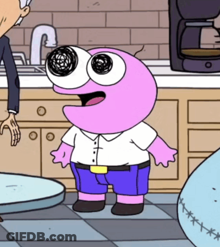 A Cartoon Character With Big Eyes Is Standing In A Kitchen Next To A Coffee Maker GIF