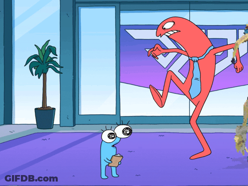 A Cartoon Character With Big Eyes Is Standing Next To A Cartoon Character With A Clipboard GIF