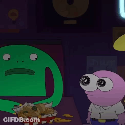 A Cartoon Character With Big Eyes Is Standing Next To A Green Monster With A Basket Of Chips GIF