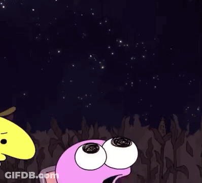 A Cartoon Character With Big Eyes Is Talking To Another Cartoon Character . GIF
