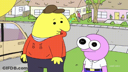 A Cartoon Character With Big Eyes Is Talking To Another Character With Big Eyes GIF
