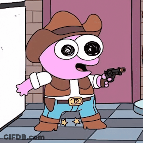 A Cartoon Character With Big Eyes Wearing A Cowboy Hat And Holding A Gun GIF