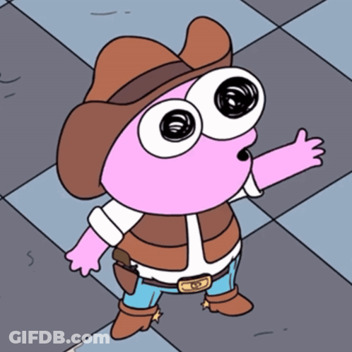 A Cartoon Character With Big Eyes Wearing A Cowboy Hat And Vest GIF