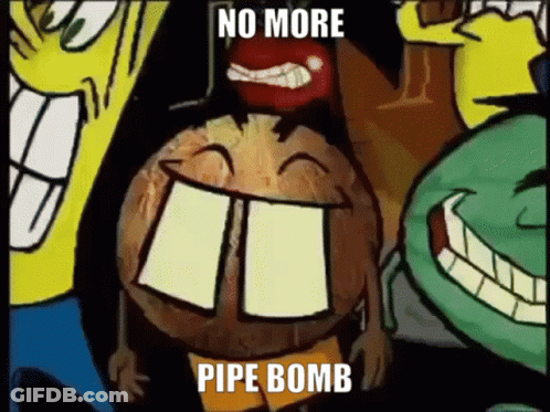A Cartoon Character With Big Teeth Is Surrounded By Other Cartoon Characters And Says No More Pipe Bomb GIF