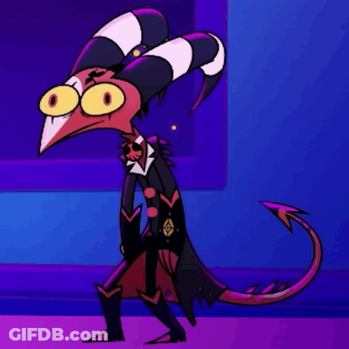 A Cartoon Character With Big Yellow Eyes And A Long Tail Is Standing In Front Of A Purple Wall . GIF