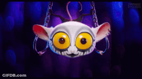 A Cartoon Character With Big Yellow Eyes Is Hanging From A Chain On A Purple Background . GIF