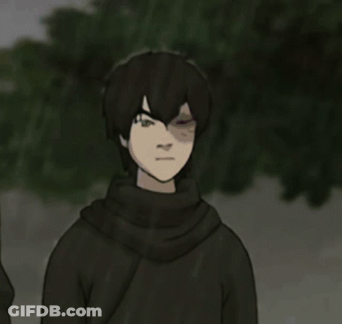 A Cartoon Character With Black Hair And A Scarf Around His Neck Is Standing In The Dark GIF