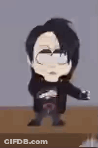 A Cartoon Character With Black Hair And Glasses Is Standing On A Wooden Table . GIF