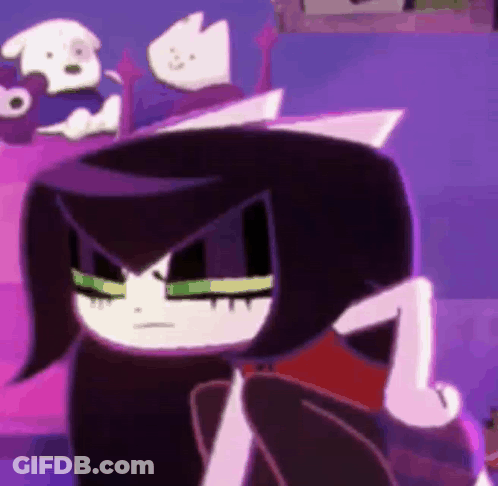 A Cartoon Character With Black Hair And Green Eyes Is Sitting On A Purple Couch . GIF