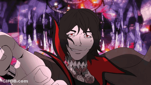 A Cartoon Character With Black Hair And Red Eyes Is Pointing GIF