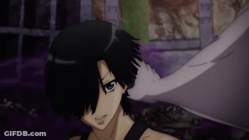 A Cartoon Character With Black Hair And White Wings Looks At The Camera GIF