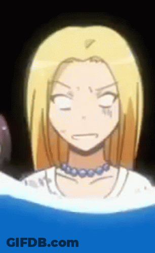 A Cartoon Character With Blonde Hair And A Necklace Is Standing In The Water . GIF
