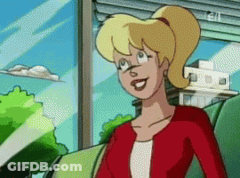 A Cartoon Character With Blonde Hair And A Red Jacket GIF