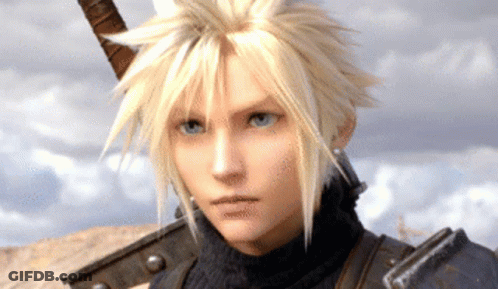 A Cartoon Character With Blonde Hair And Blue Eyes Is Holding A Sword GIF