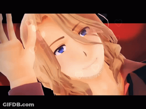 A Cartoon Character With Blonde Hair And Blue Eyes Is Making A Peace Sign GIF