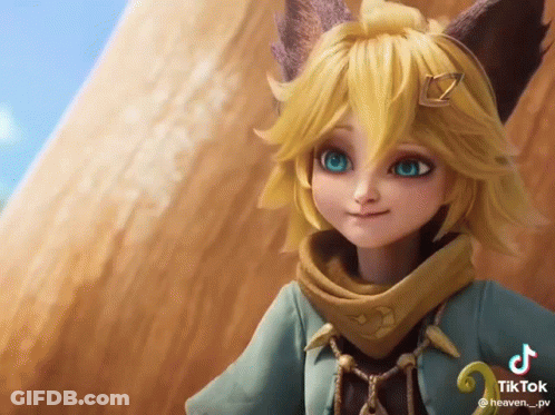 A Cartoon Character With Blonde Hair And Blue Eyes Is Standing In Front Of A Rock . GIF
