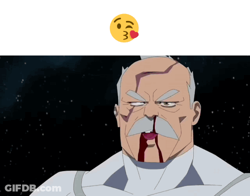 A Cartoon Character With Blood Coming Out Of His Nose And A Kissing Emoji Behind Him GIF