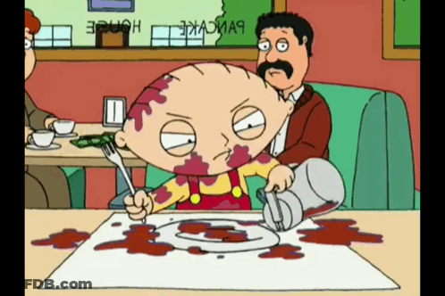 A Cartoon Character With Blood On His Face Is Sitting At A Table With A Plate Of Food On It GIF