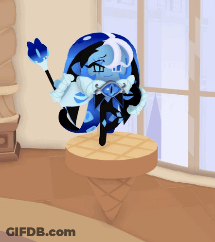 A Cartoon Character With Blue And White Hair Is Standing On A Ice Cream Cone GIF