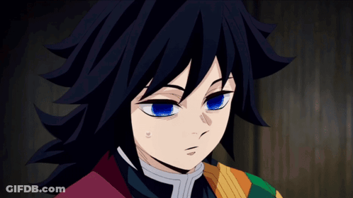 A Cartoon Character With Blue Eyes And Black Hair GIF