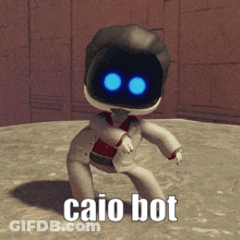 A Cartoon Character With Blue Eyes And The Words Caio Bot Below Him GIF