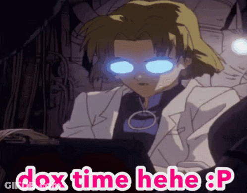 A Cartoon Character With Blue Eyes And The Words Dox Time Hele : P GIF