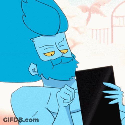 A Cartoon Character With Blue Hair And A Beard Is Holding A Tablet GIF