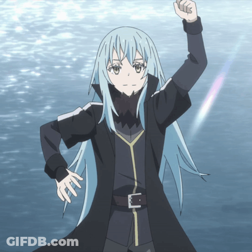 A Cartoon Character With Blue Hair And A Black Coat Stands In Front Of A Body Of Water GIF