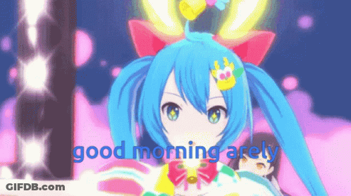 A Cartoon Character With Blue Hair And A Bow On Her Head Says Good Morning Arely GIF