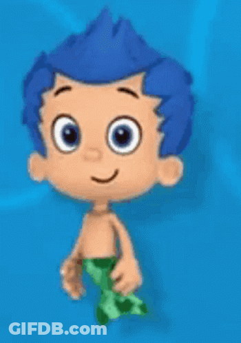 A Cartoon Character With Blue Hair And A Green Tail Is Standing On A Blue Surface . GIF