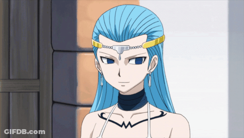 A Cartoon Character With Blue Hair And A Necklace GIF