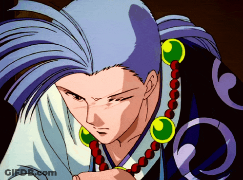 A Cartoon Character With Blue Hair And A Necklace With Green Beads GIF
