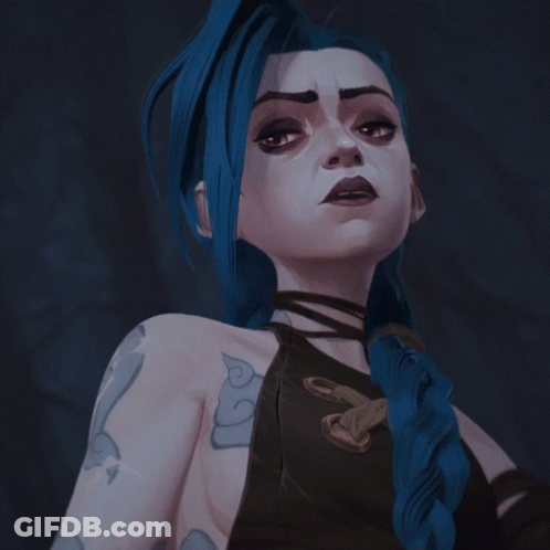 A Cartoon Character With Blue Hair And A Tattoo On Her Chest GIF