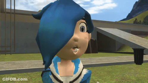 A Cartoon Character With Blue Hair And A White Shirt GIF