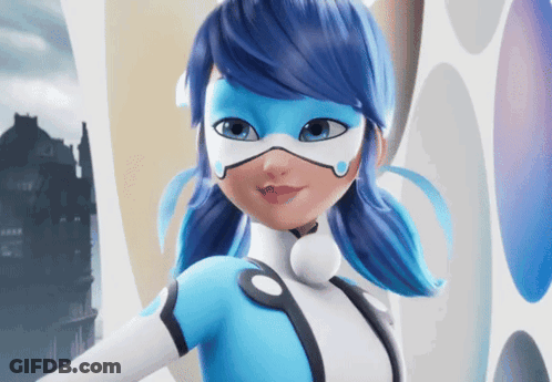 A Cartoon Character With Blue Hair And A White Suit GIF