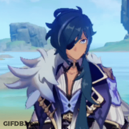 A Cartoon Character With Blue Hair And An Eye Patch Stands In Front Of A Body Of Water . GIF