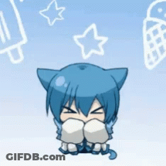 A Cartoon Character With Blue Hair And Cat Ears Covering His Face With His Hands GIF