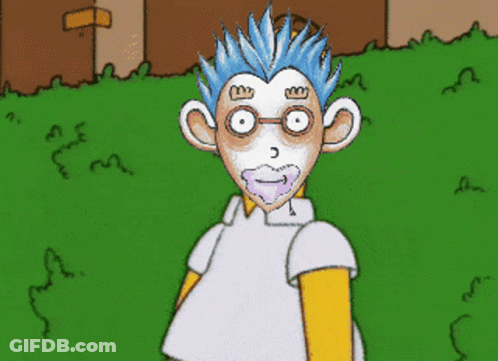 A Cartoon Character With Blue Hair And Glasses Stands In The Grass GIF