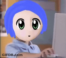 A Cartoon Character With Blue Hair And Green Eyes Is Typing On A Computer GIF