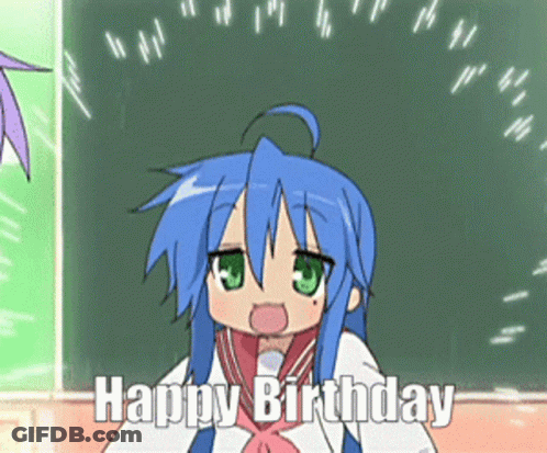A Cartoon Character With Blue Hair And Green Eyes Says " Happy Birthday " GIF