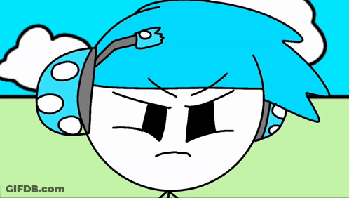 A Cartoon Character With Blue Hair And Headphones Has An Angry Face GIF