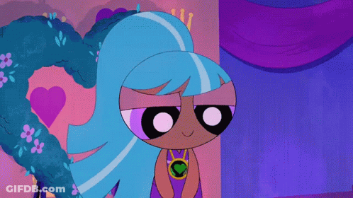 A Cartoon Character With Blue Hair And Purple Eyes Is Standing In Front Of A Heart GIF