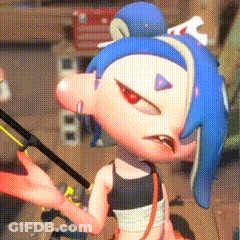 A Cartoon Character With Blue Hair And Red Eyes Is Holding A Fishing Pole . GIF