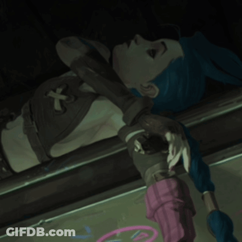A Cartoon Character With Blue Hair And Red Eyes Is Laying Upside Down GIF